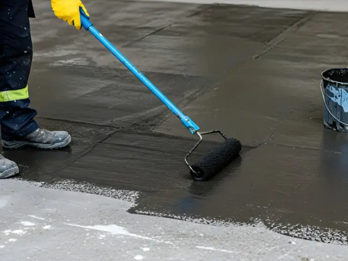 Auftragen einer Bitumenbeschichtung zur Flachdachabdichtung mit Farbroller – Schwarzdeckerarbeit